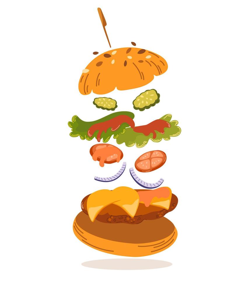 Hamburger. Fast food. Tasty hamburger with with meat patty, cheese, salad, onion, tomatoes and cucumbers. Ingredients. Perfect for restaurant menus printing and animation. Vector cartoon Illustration