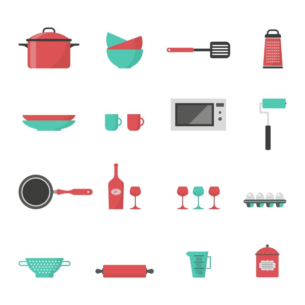 conjunto vectorial de iconos planos de utensilios, equipo de cocina, preparación de alimentos vector