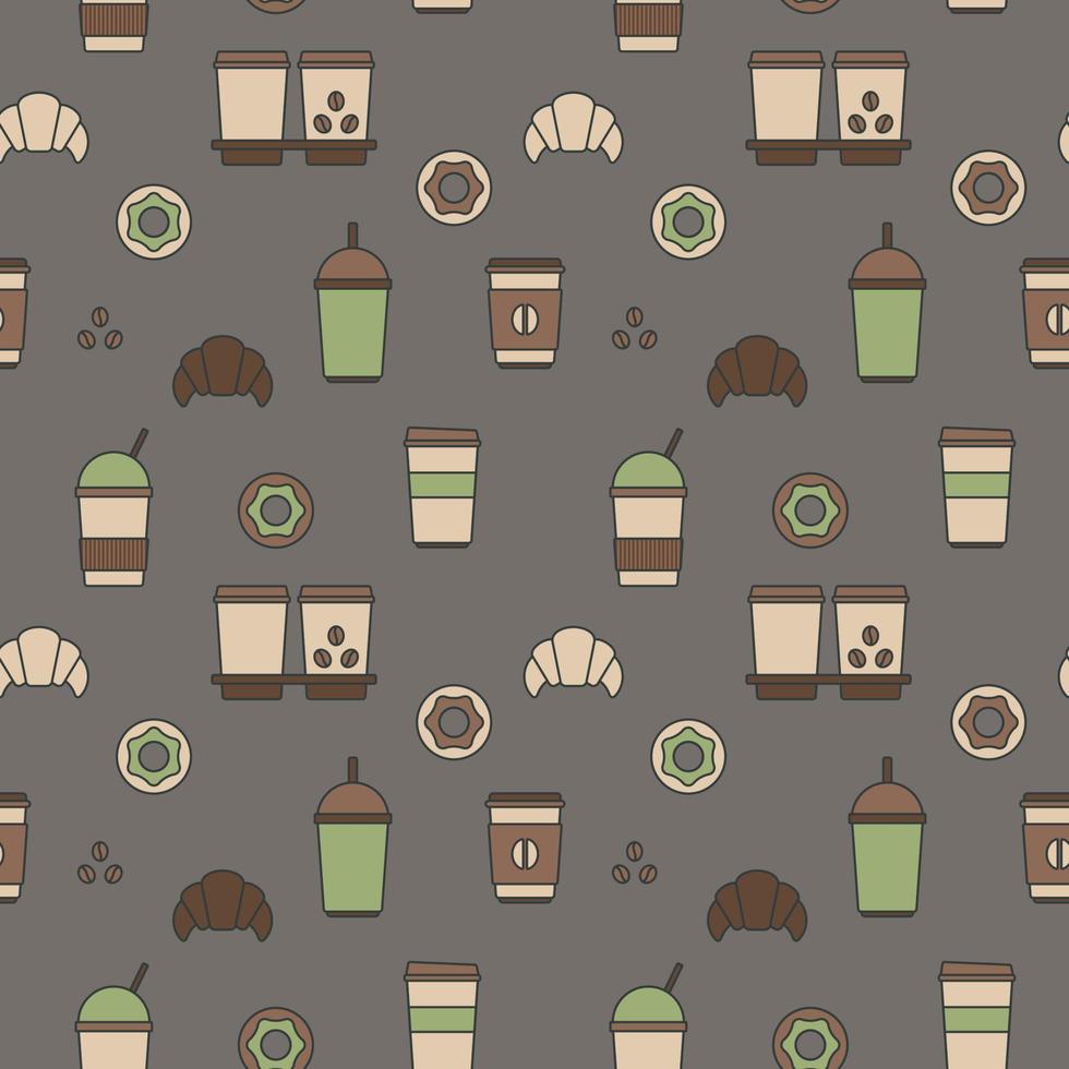 Seamless texture from coffee cups, donuts and croissants, pattern, abstract background, wallpaper vector