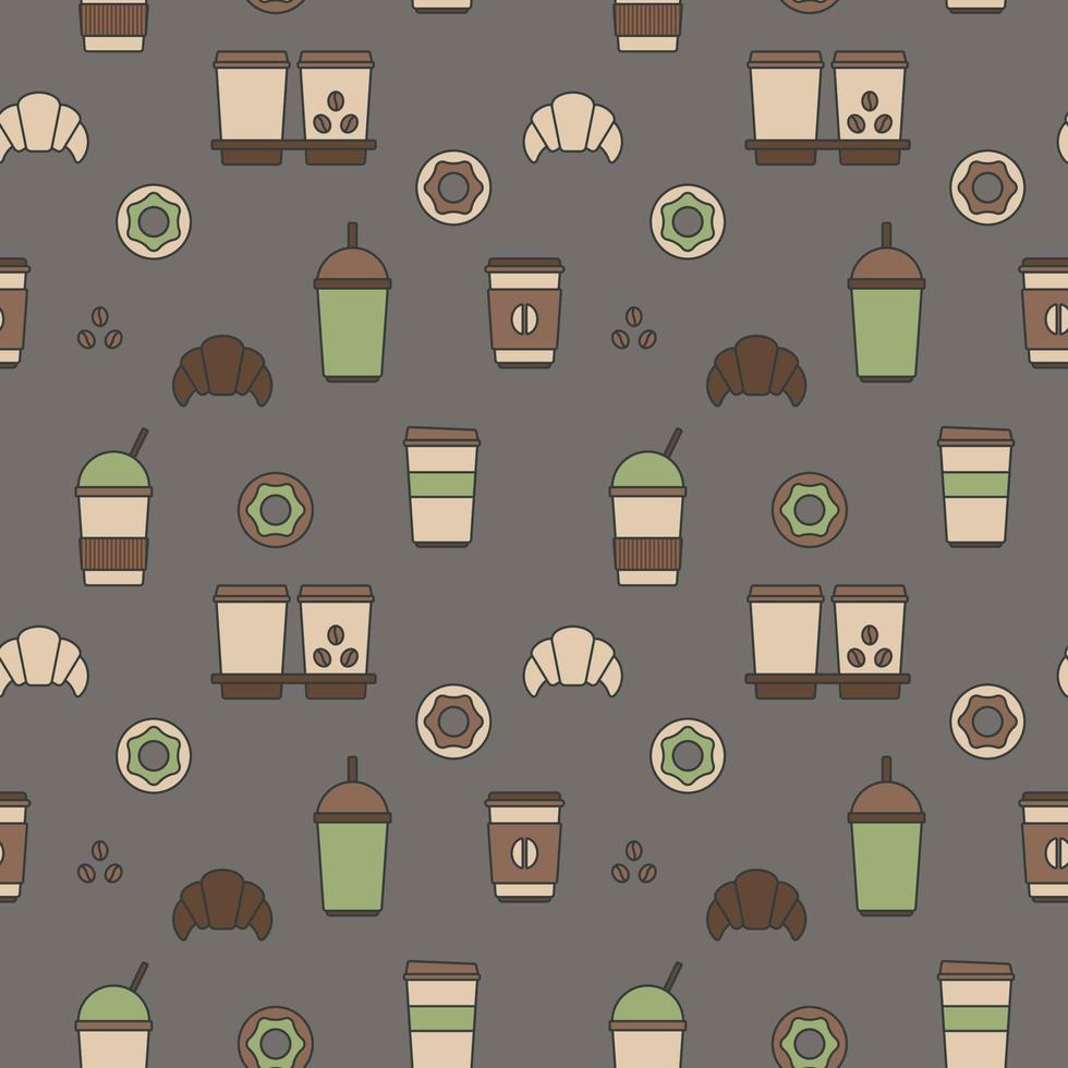 Seamless texture from coffee cups, donuts and croissants, pattern, abstract background, wallpaper vector