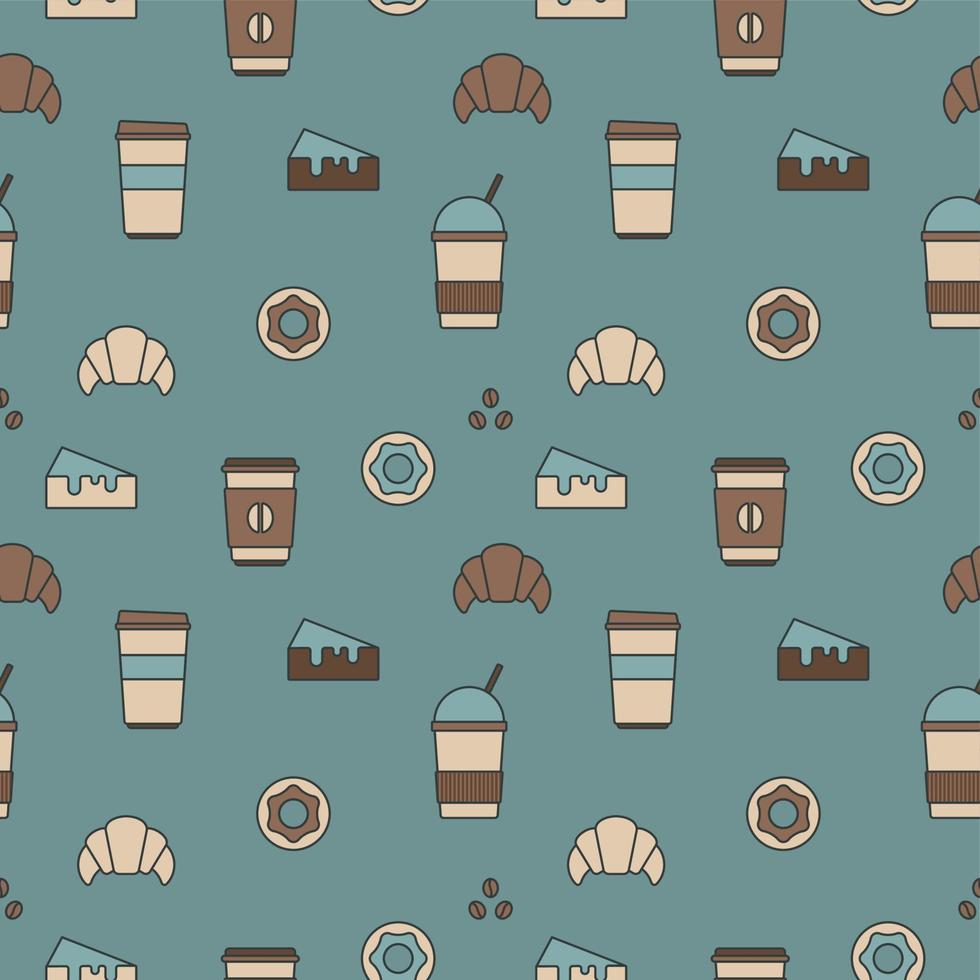 Seamless texture from coffee cups, donuts and croissants, pattern, abstract background, wallpaper vector