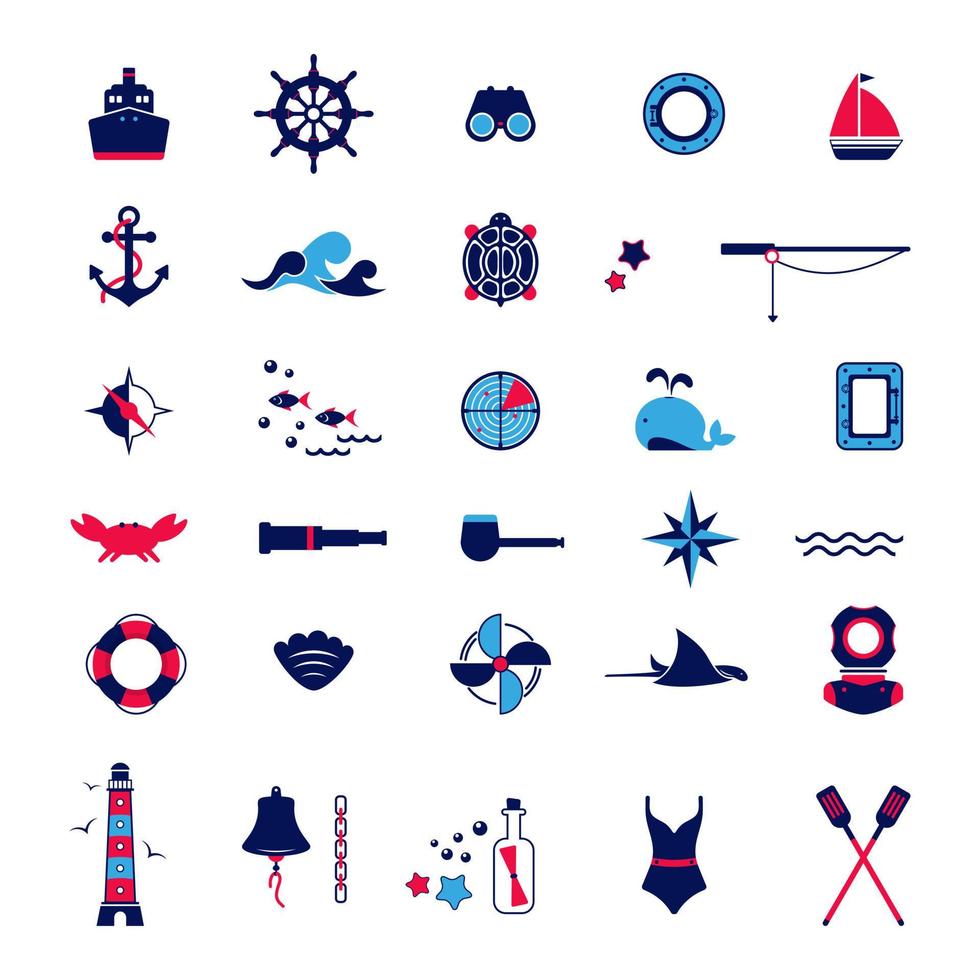 conjunto vectorial de iconos planos sobre el tema del mar, navegación, viajes marítimos, turismo. ilustración náutica de objetos de navegación vector