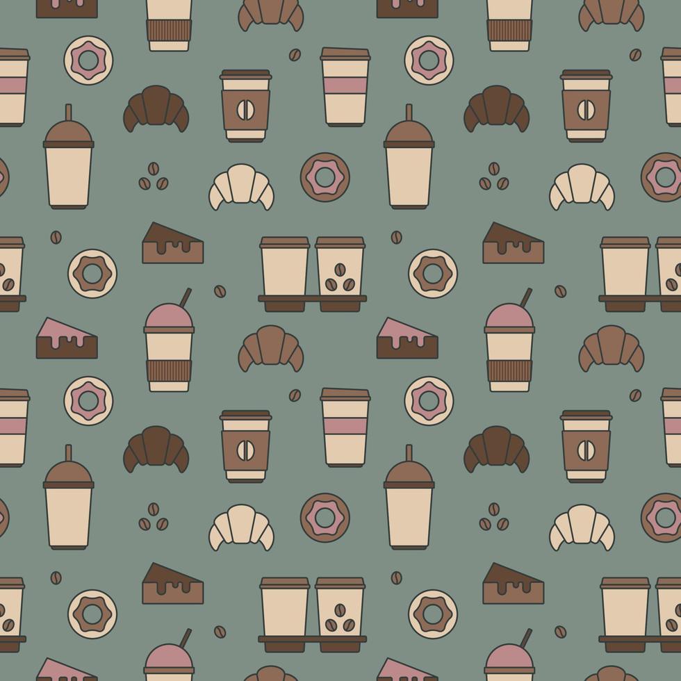 Seamless texture from coffee cups, donuts and croissants, pattern, abstract background, wallpaper vector