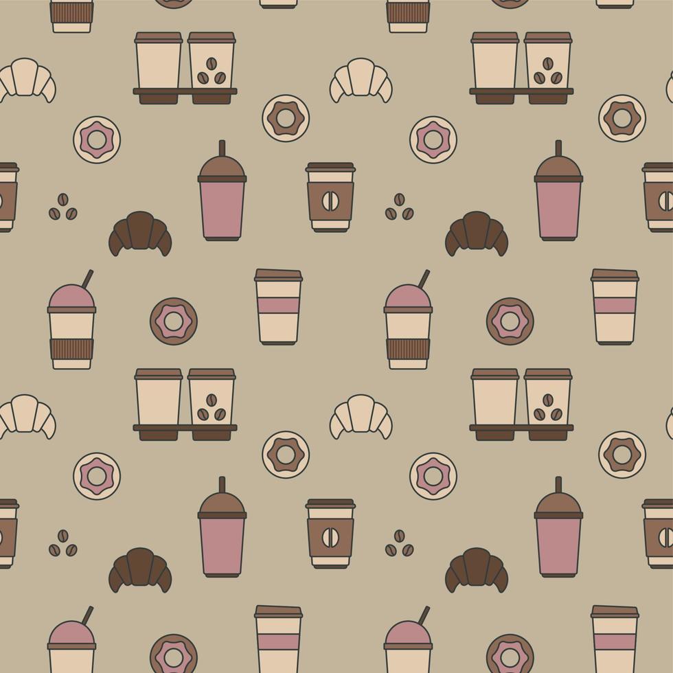 Seamless texture from coffee cups, donuts and croissants, pattern, abstract background, wallpaper vector
