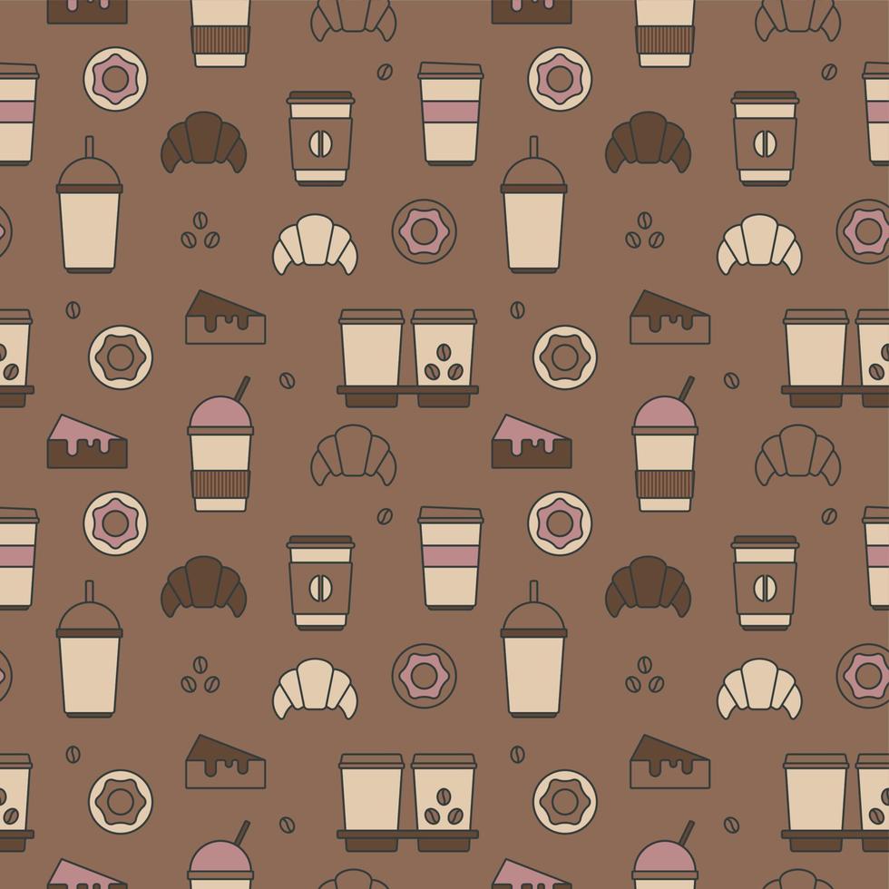 Seamless texture from coffee cups, donuts and croissants, pattern, abstract background, wallpaper vector