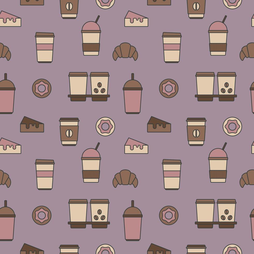 Seamless texture from coffee cups, donuts and croissants, pattern, abstract background, wallpaper vector
