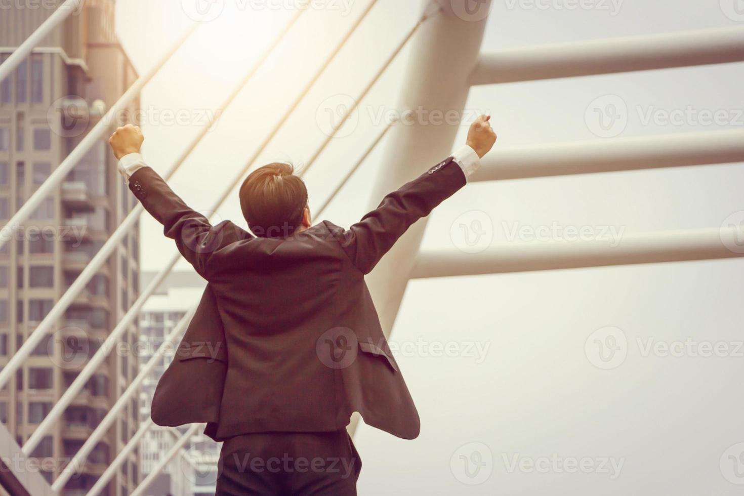 Business man Celebration Success Happiness at city Background, victory and Winner life Concept. photo