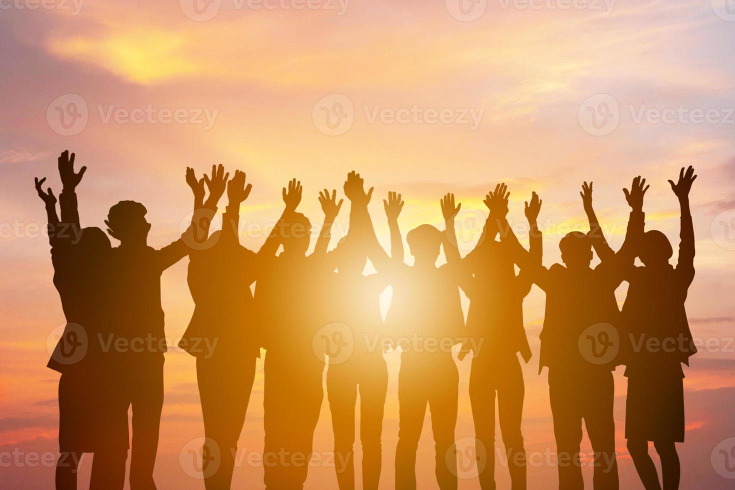 Silhouette of Business people team with clipping path celebration show victory when business success, Successful and Happiness Teamwork concept photo