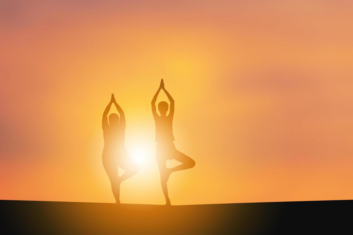 Silhouette of young woman practicing yoga over blurred beautiful sky background, Healthy life concept photo