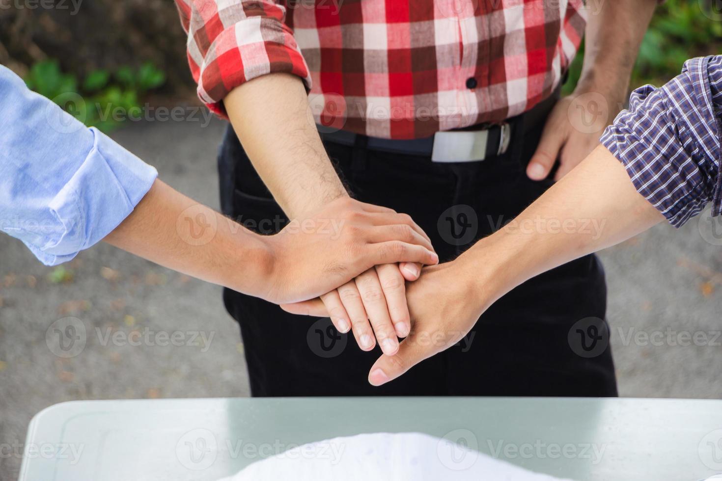 Success Teamwork Concept, Business engineer people team joining hands construction site background photo