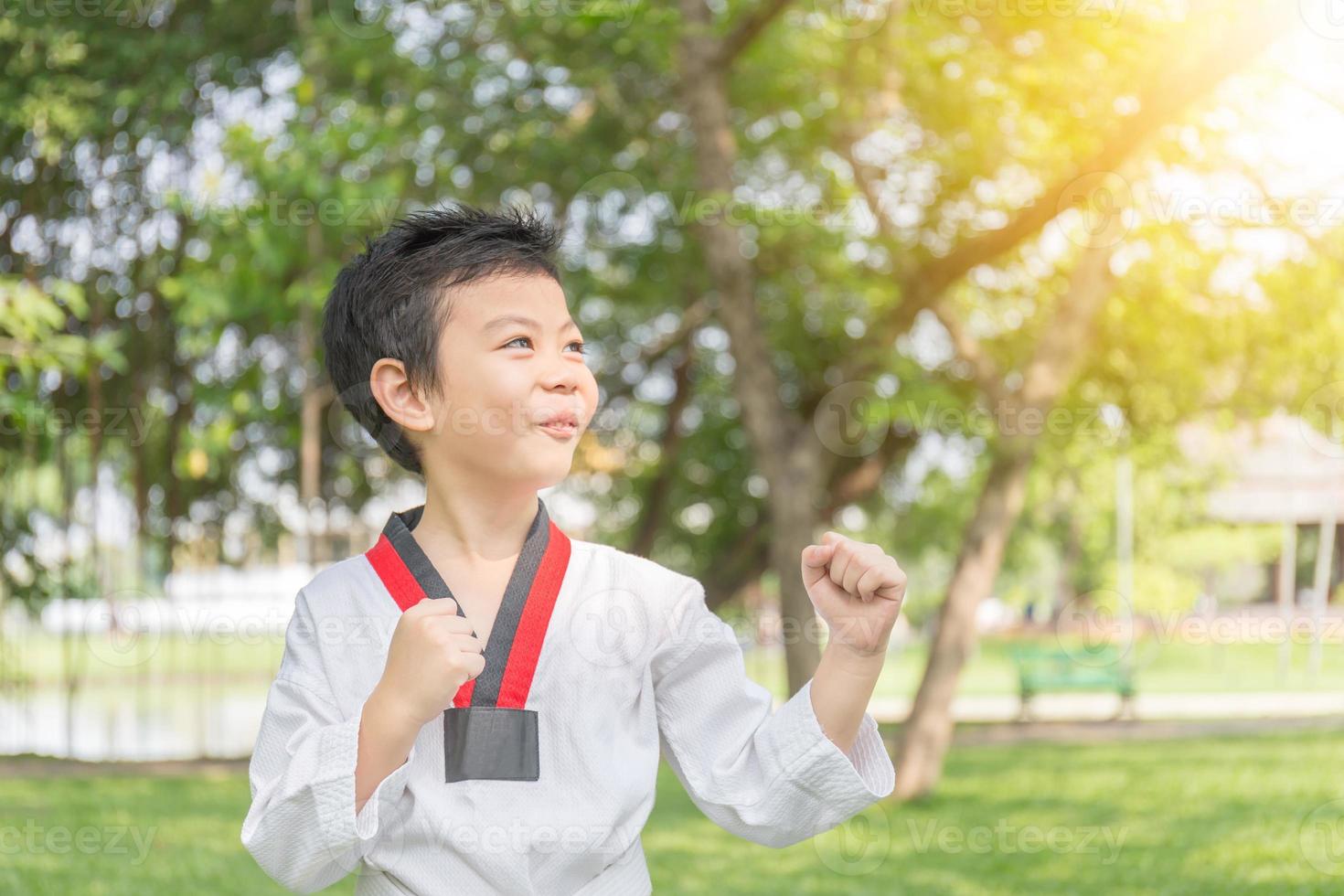 Happy taekwondo kid posing in fighting action on nature at the park photo