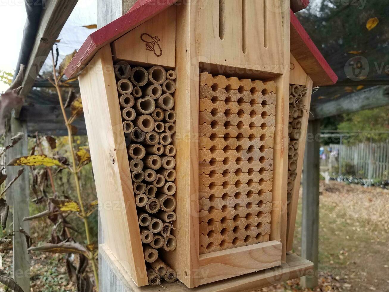 wooden bee house or hive with small holes photo
