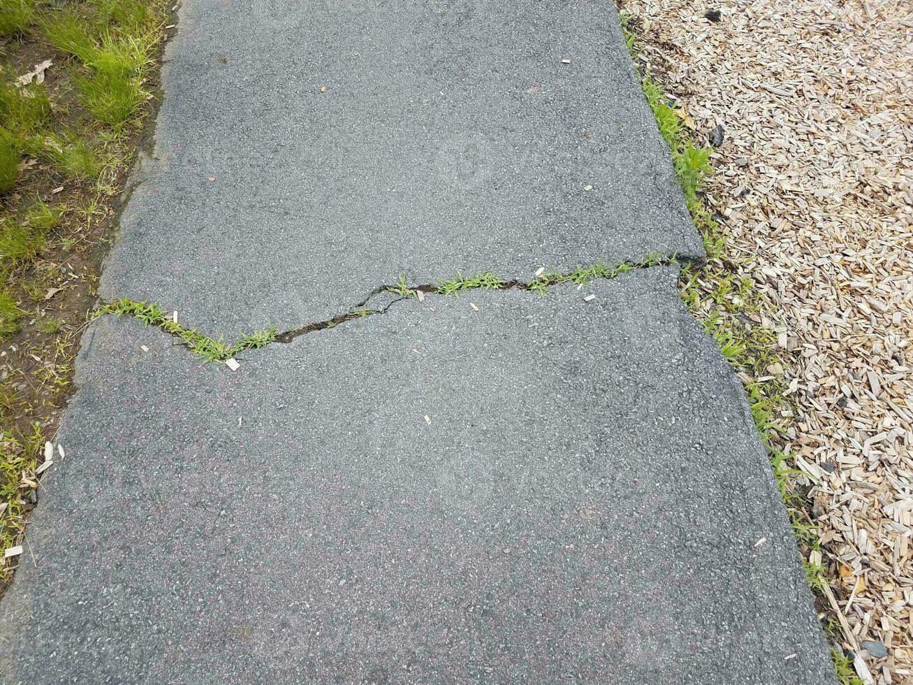 black asphalt trail or path with cracks and grass photo
