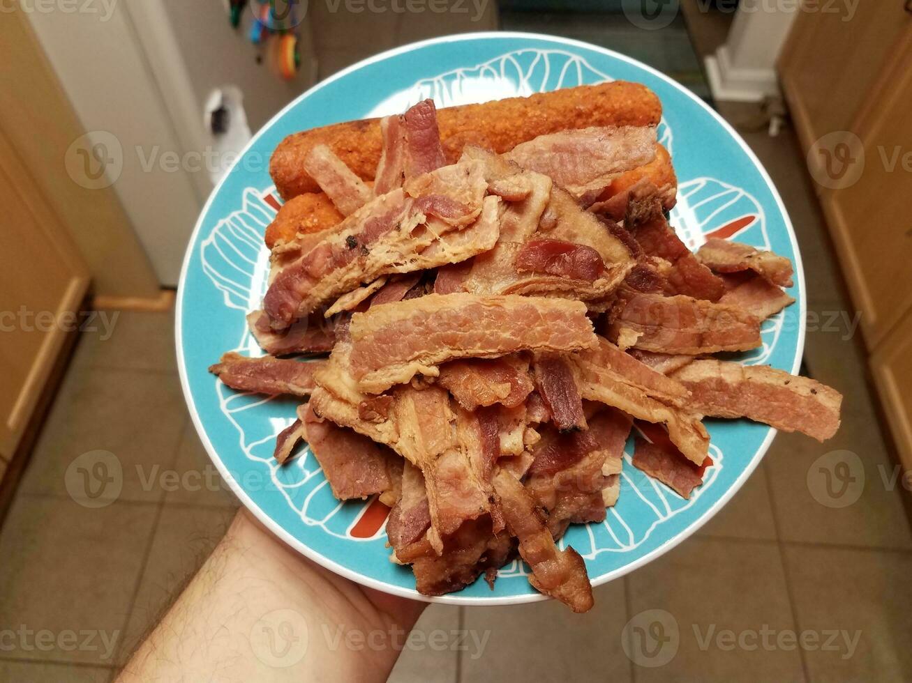 hand holding pile of bacon meat and chicken roll on blue plate photo