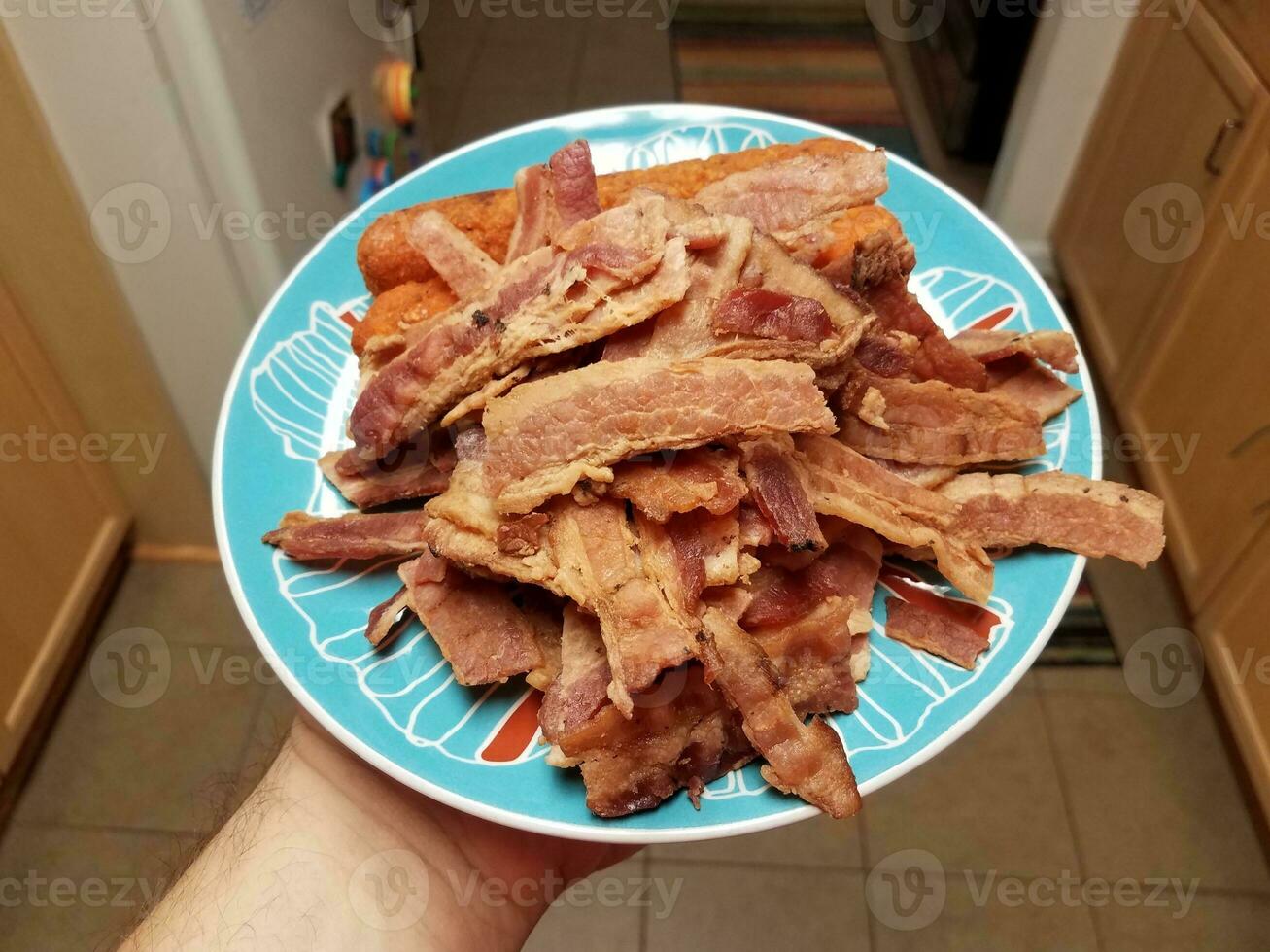 mano sosteniendo un montón de carne de tocino y rollo de pollo en un plato azul foto