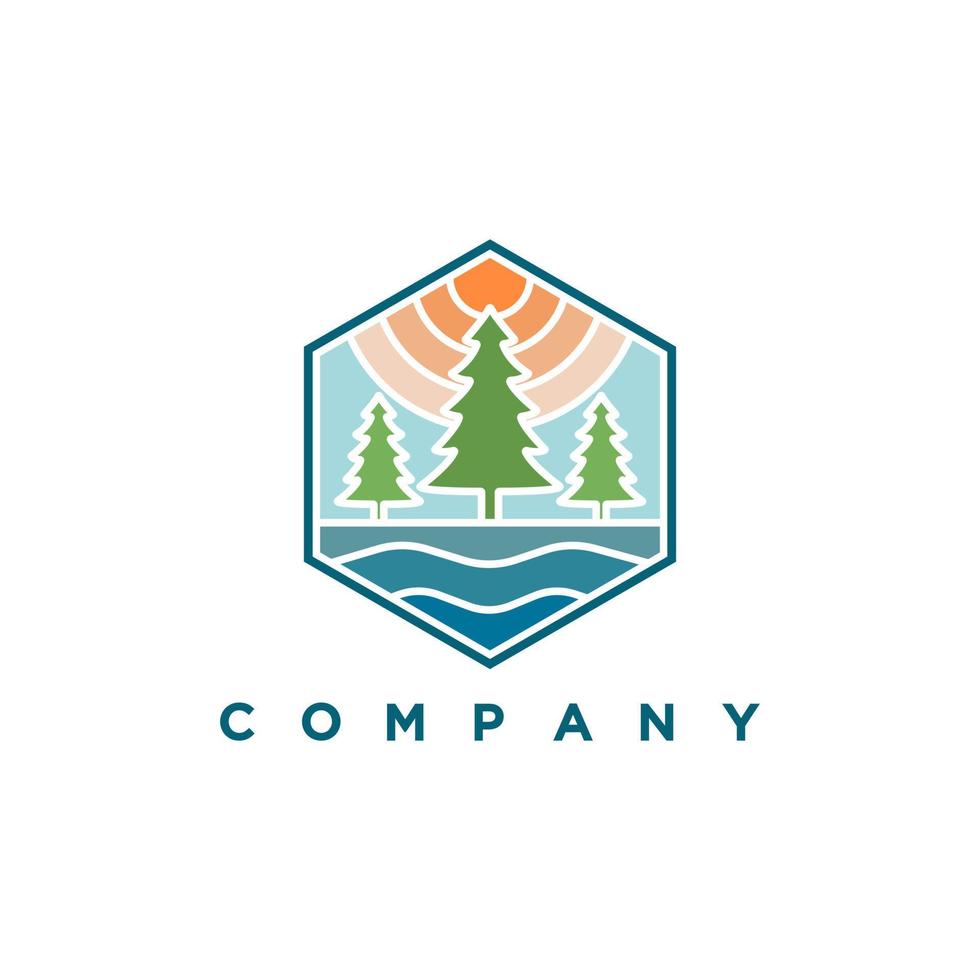 diseño moderno del ejemplo del logotipo de los pinos y del lago vector