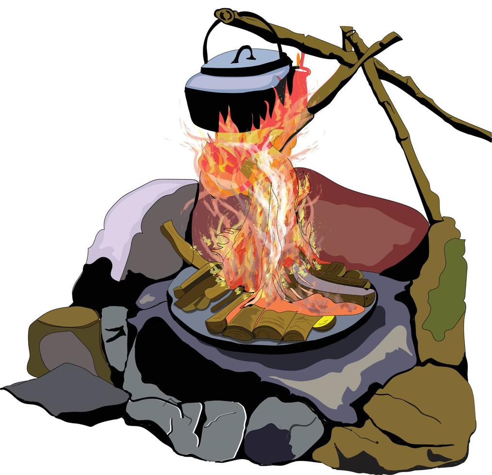 camp fires, camping activities in summer vacation, boiling water and living in the wild and enjoying the beauty of nature in summer vacation vector