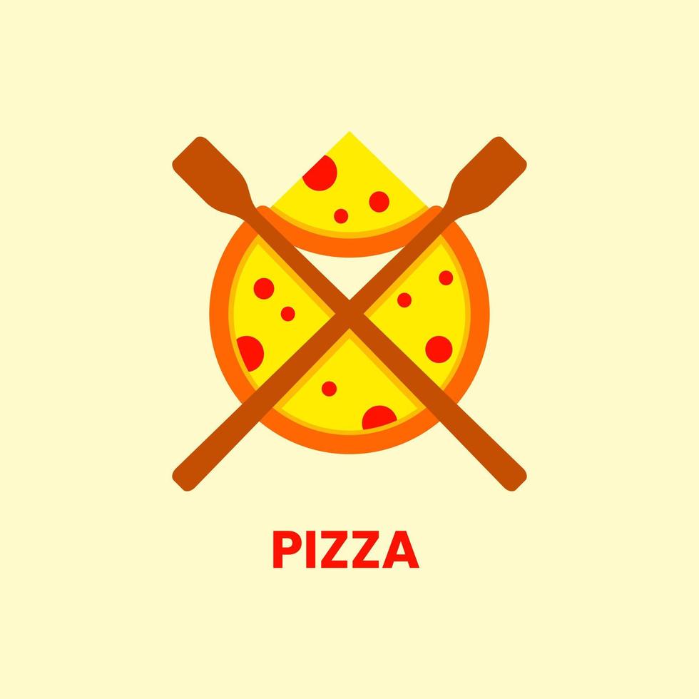 concepto de logo de pizza y espátula. logotipo plano, simple, moderno y limpio. amarillo, naranja y marrón. adecuado para logotipo, icono, símbolo y signo. como la comida o el logotipo del restaurante vector