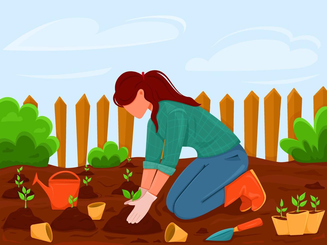 chica de jardinería y plantación de brotes de vegetales jóvenes. trabajo estacional en el jardín de primavera con equipos y herramientas para cultivar plantas y cultivos vector