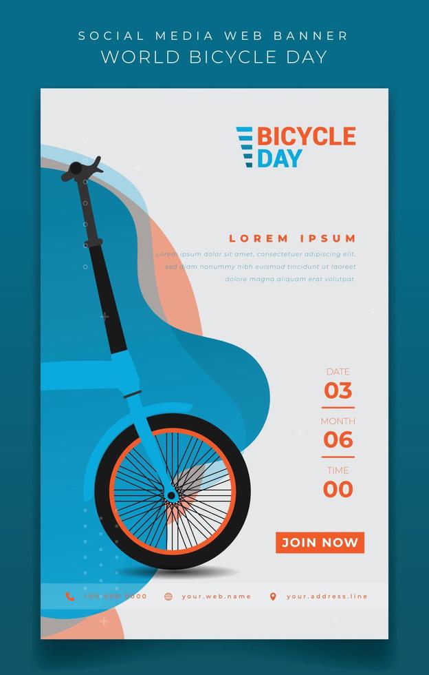 diseño de plantilla de folleto en fondo blanco azul para el diseño del día mundial de la bicicleta vector