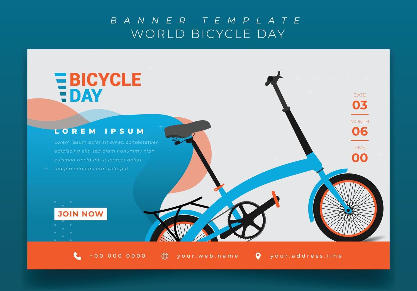 Banner template with folding bike design in orange green and white background for bicycle day design vector