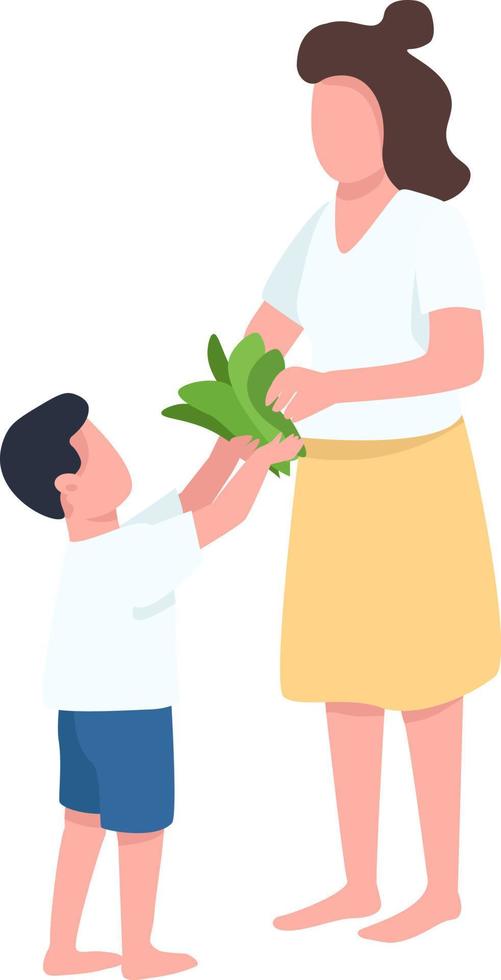 Boy helps his mother semi flat color vector characters