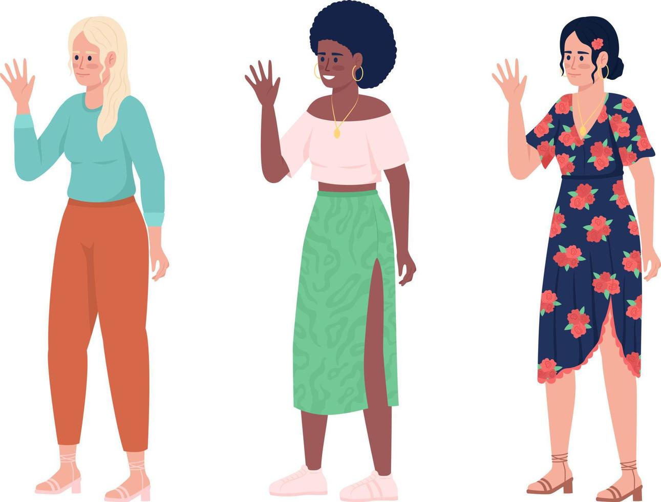 Smiling women waving hands semi flat color vector character set