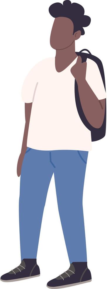 Boy in casual outfit with backpack semi flat color vector character