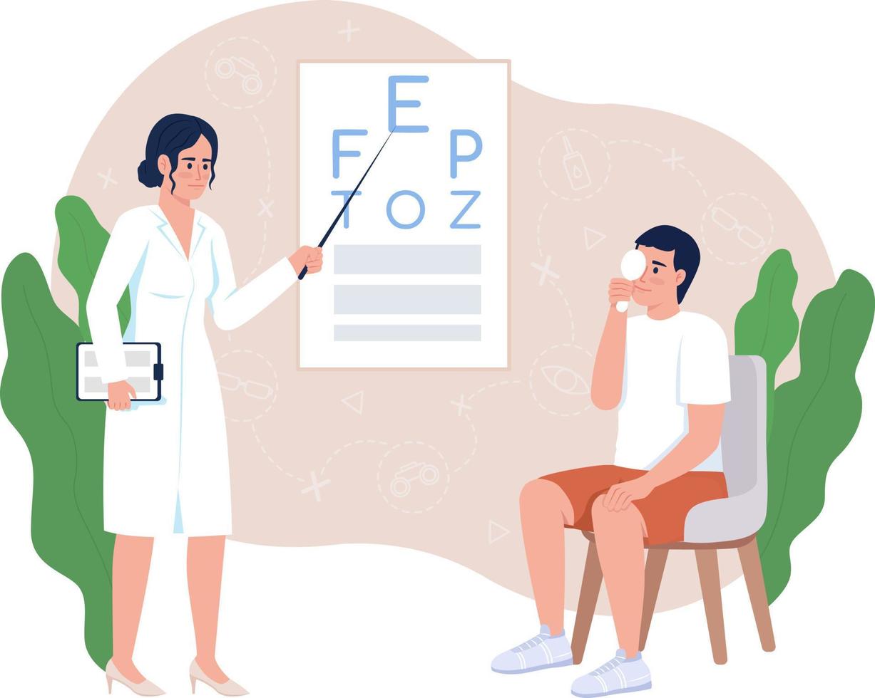 Man undergoing vision checkup with doctor 2D vector isolated illustration