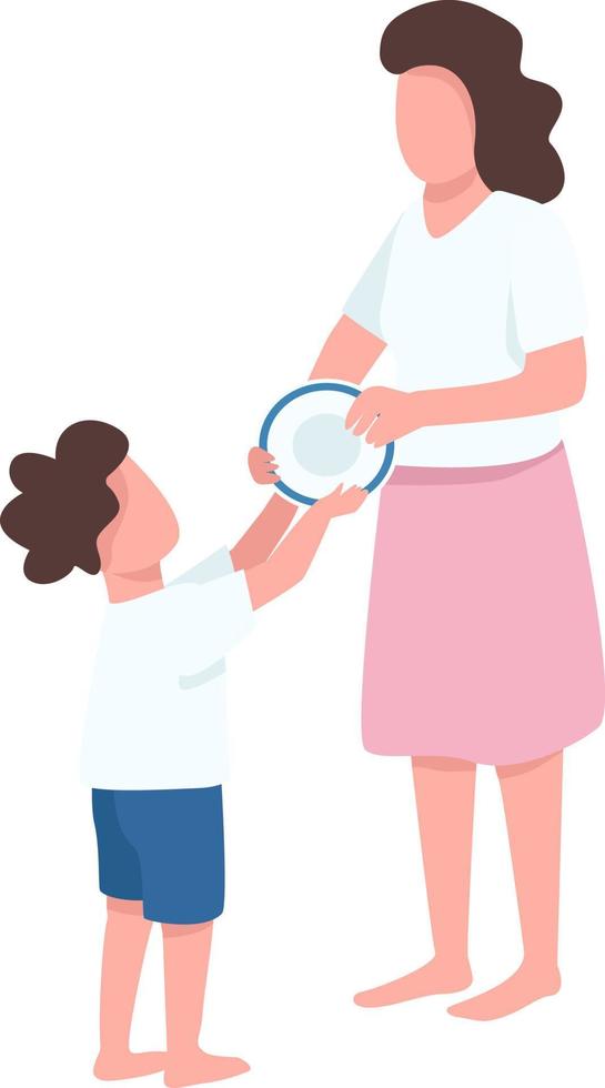 Boy helps mother serve table semi flat color vector characters