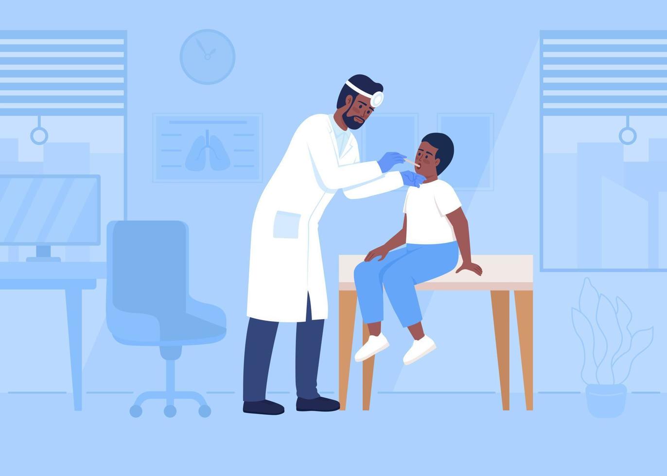 Pediatrician checking sore throat of little boy flat color vector illustration