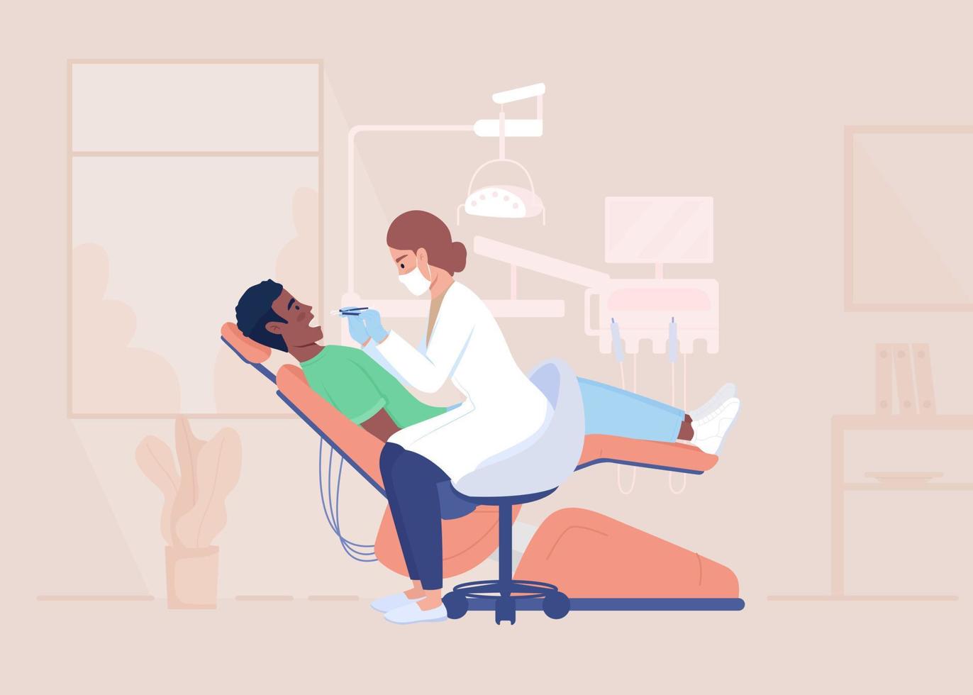 dentista profesional que examina los dientes del cliente en la cita ilustración de vector de color plano