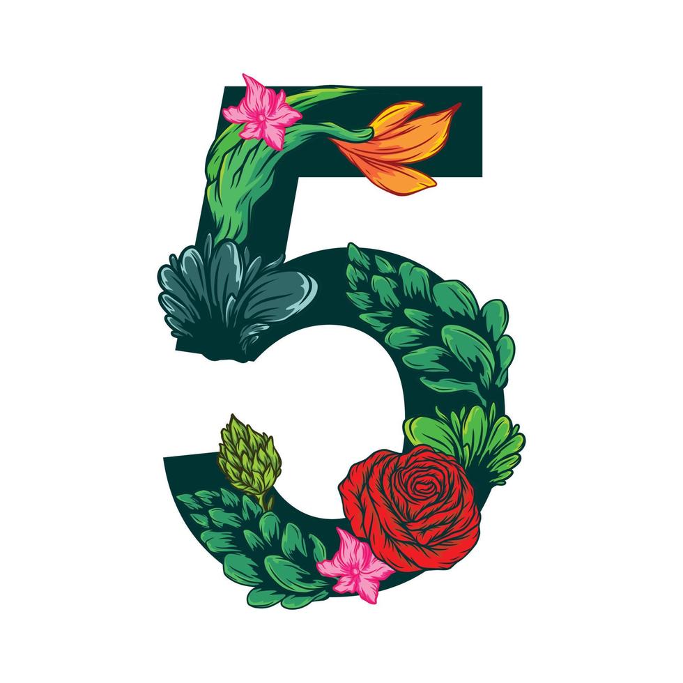 Number five with floral pattern isolated on white background. Scalable Vector Graphics..eps