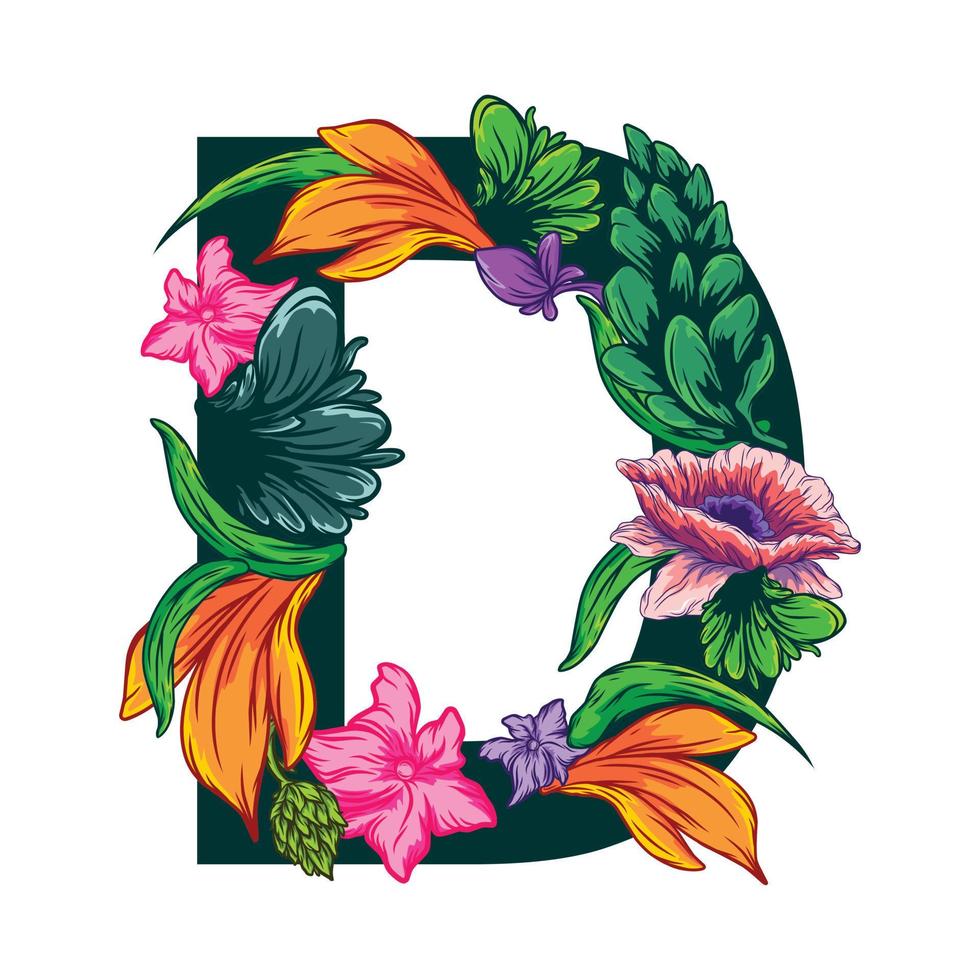 Vector of the capital D letter with green leaves and floral patterns - grotesque style.eps