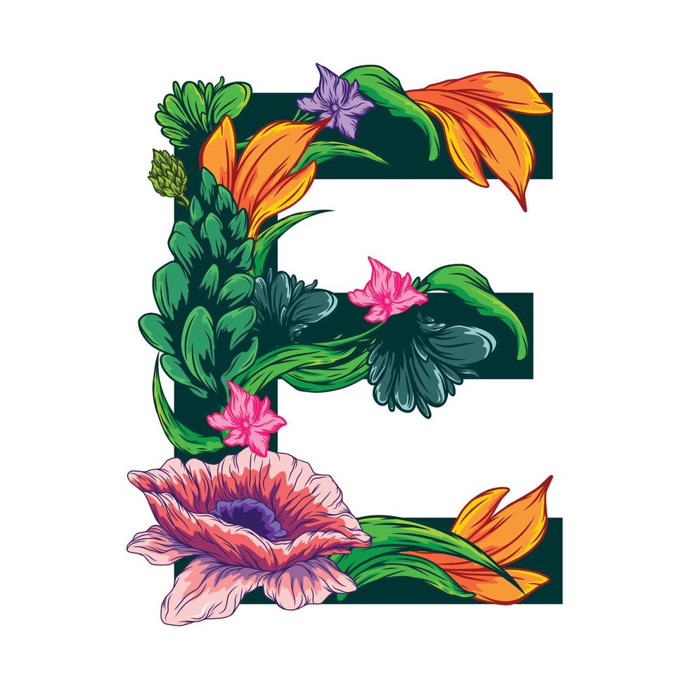 vector de la letra e mayúscula con hojas verdes y motivos florales - estilo grotesco.eps