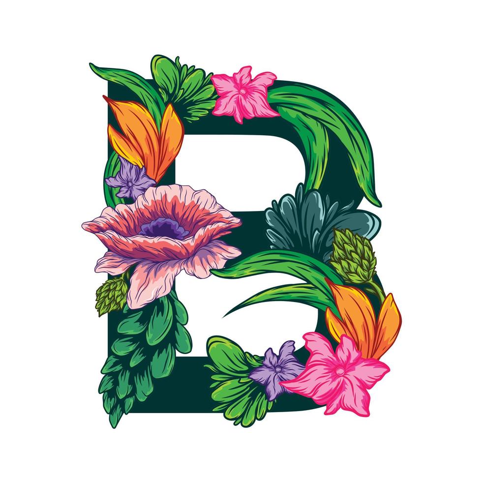 vector de la letra b mayúscula con hojas verdes y motivos florales - estilo grotesco.eps