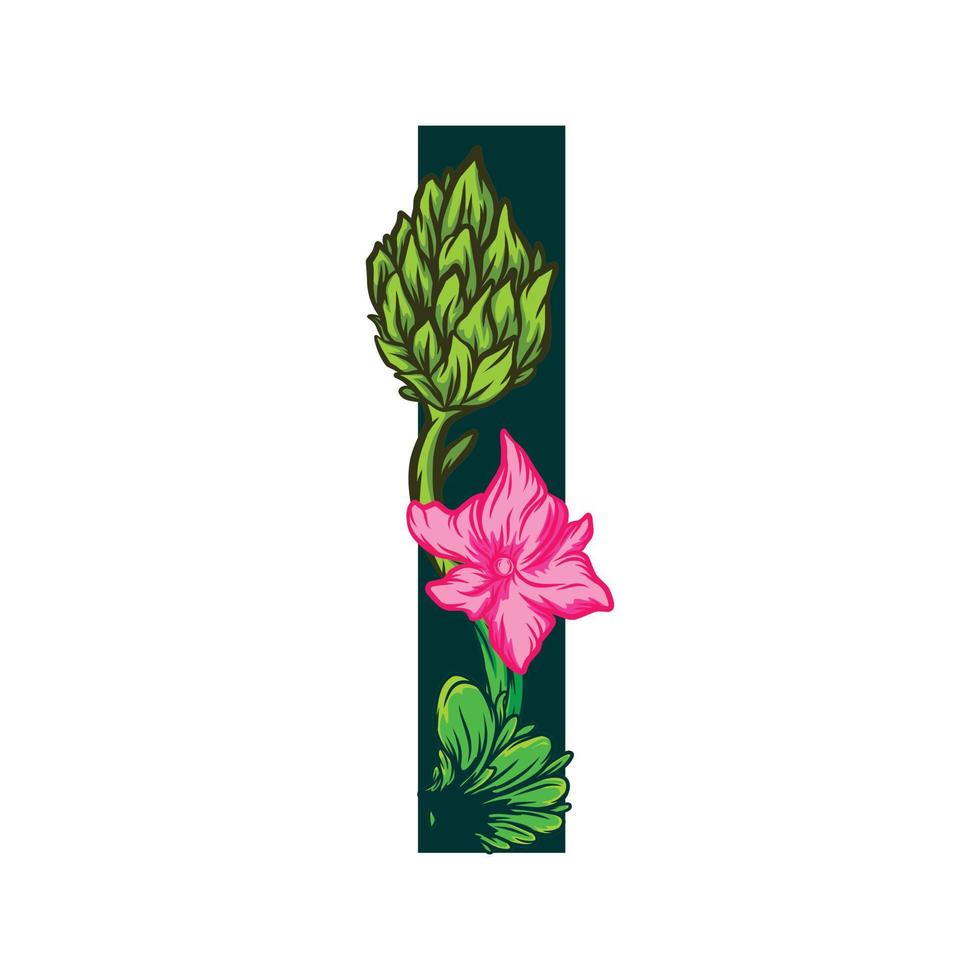 Vector of the capital I letter with green leaves and floral patterns - grotesque style.eps