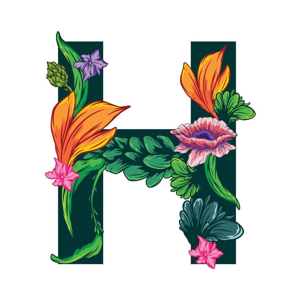 vector de la letra h mayúscula con hojas verdes y motivos florales - estilo grotesco.eps