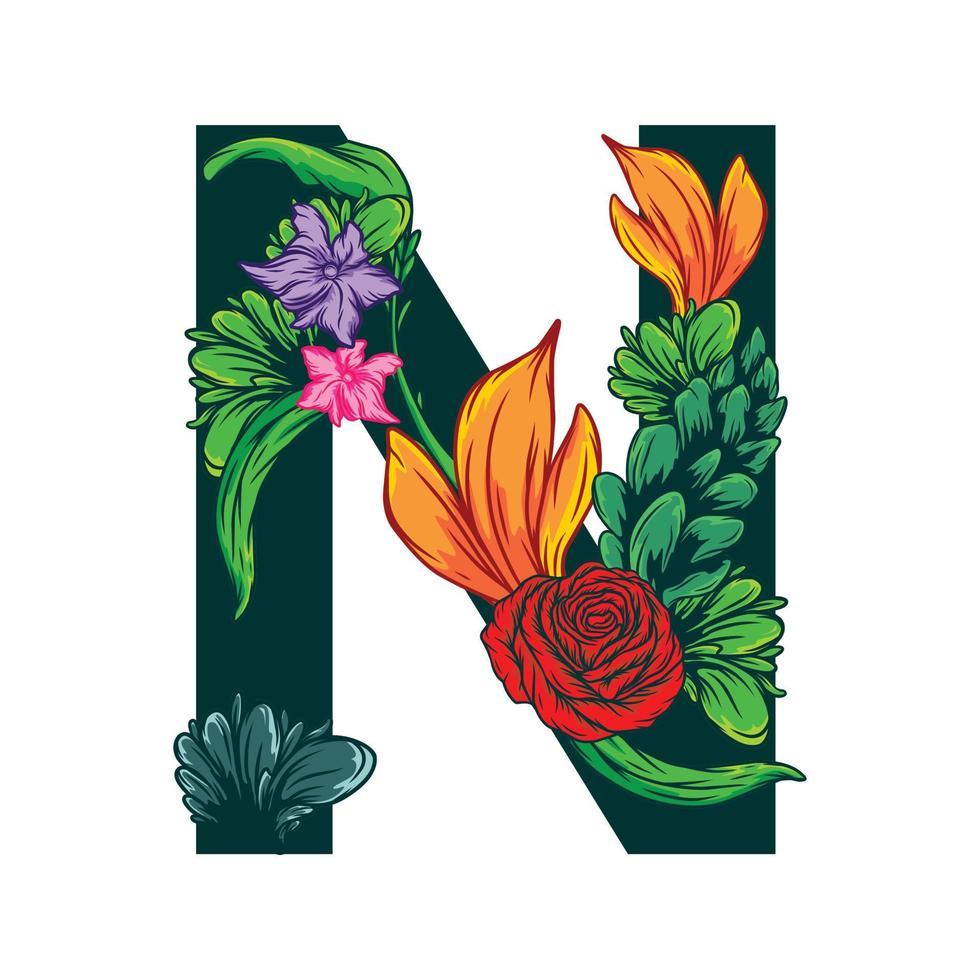 Vector of the capital N letter with green leaves and floral patterns - grotesque style.eps