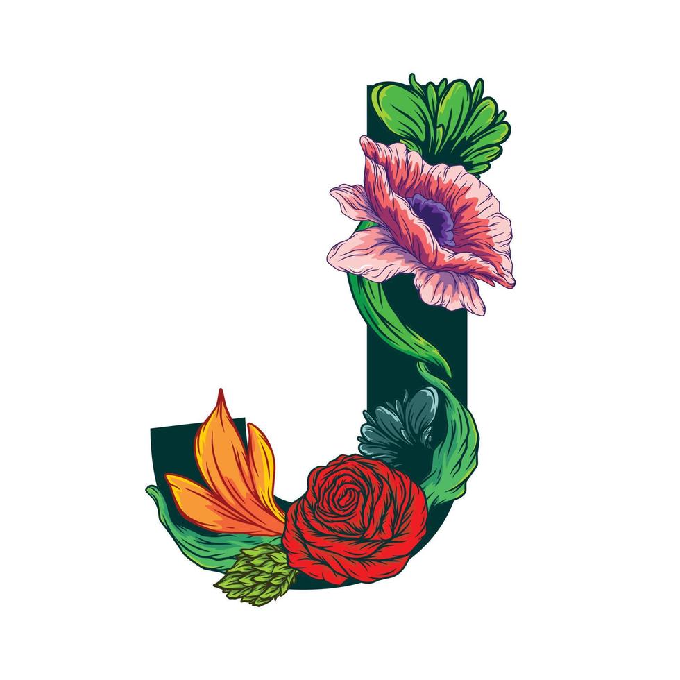 vector de la letra j mayúscula con hojas verdes y motivos florales - estilo grotesco.eps