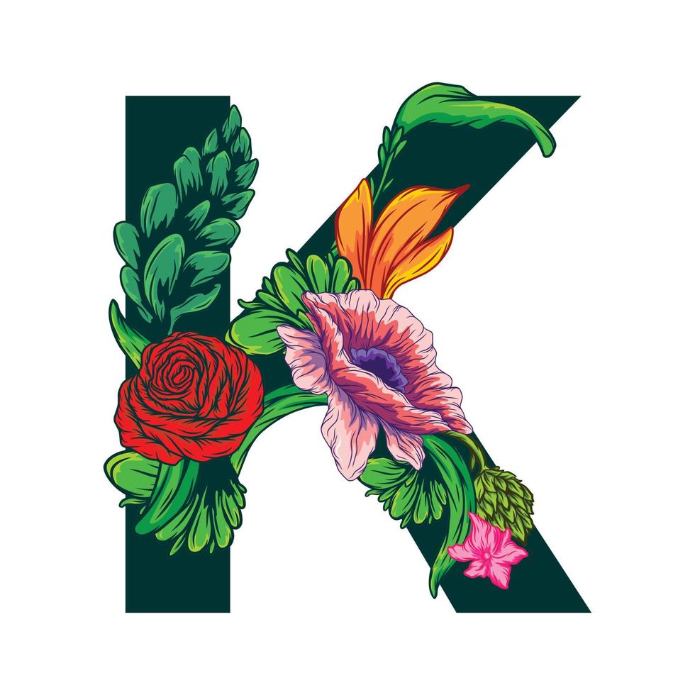 vector de la letra k mayúscula con hojas verdes y motivos florales - estilo grotesco.eps