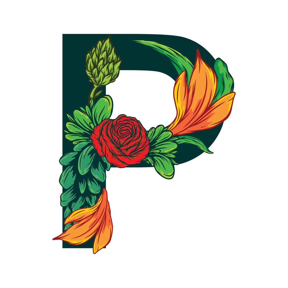 Vector of the capital P letter with green leaves and floral patterns - grotesque style.eps