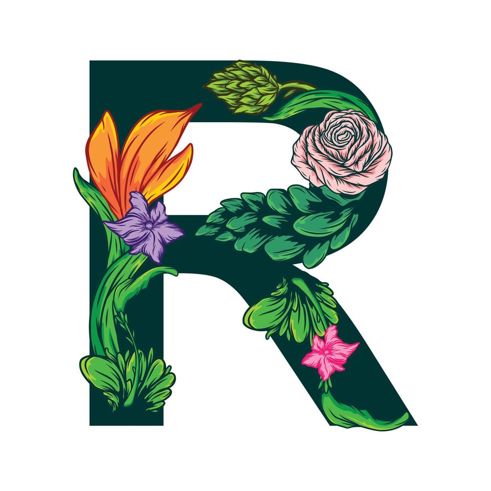 vector de la letra r mayúscula con hojas verdes y motivos florales - estilo grotesco.eps