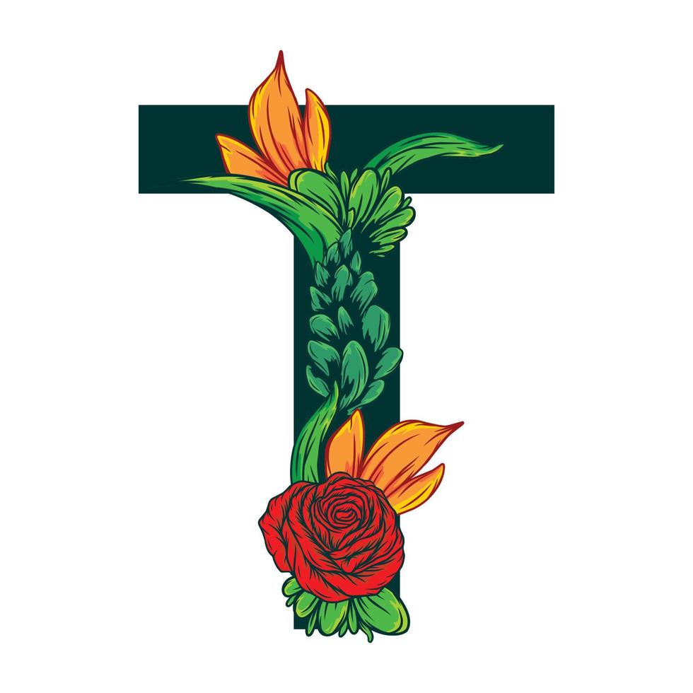 Vector of the capital T letter with green leaves and floral patterns - grotesque style.eps