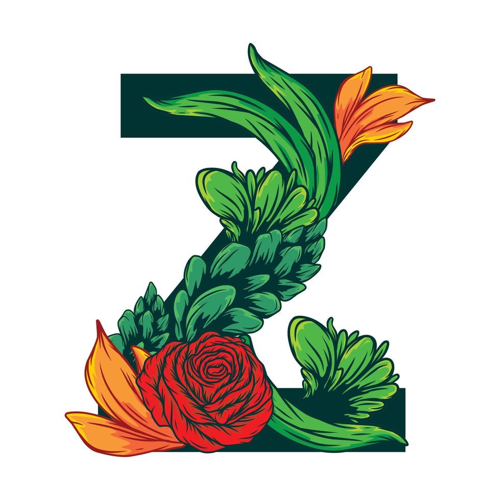 Vector of the capital Z letter with green leaves and floral patterns - grotesque style.eps