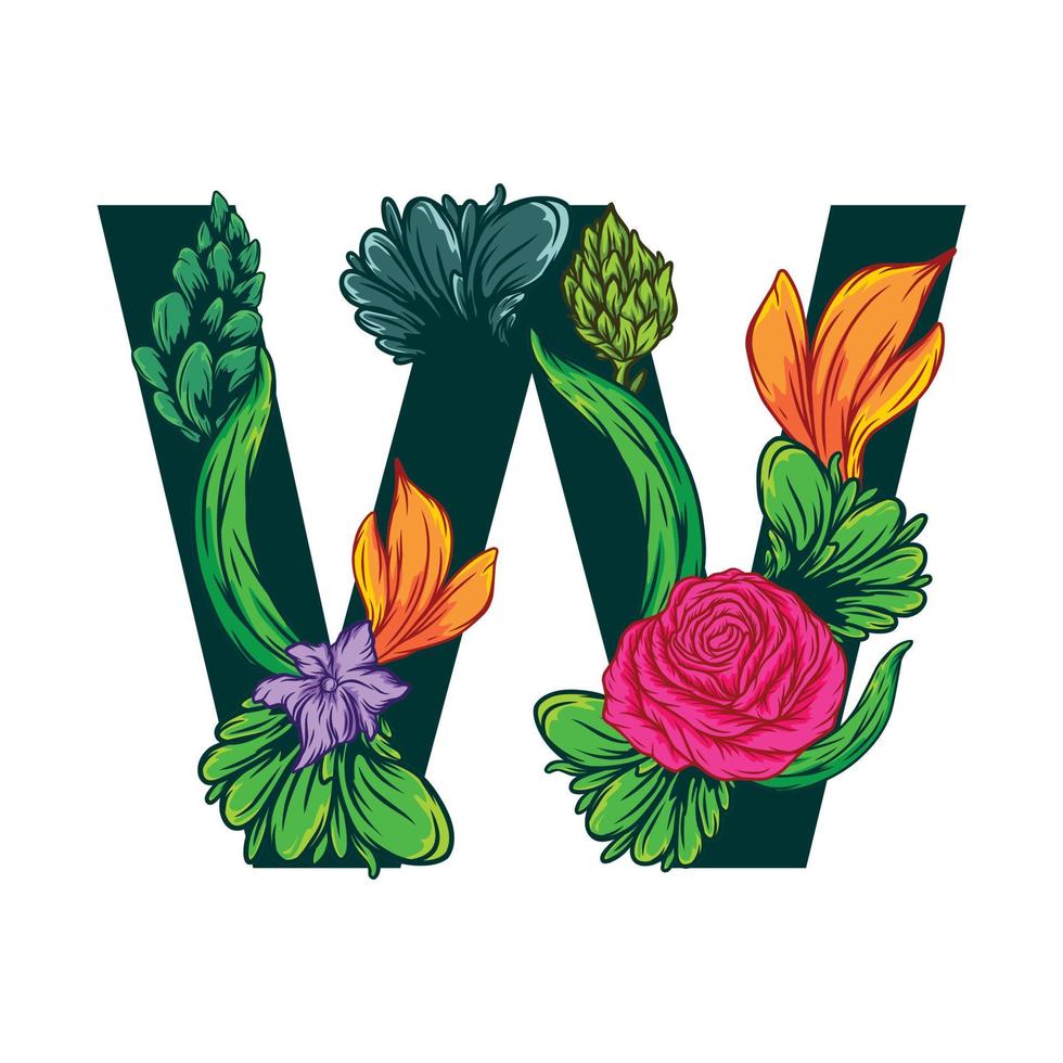 vector de la letra w mayúscula con hojas verdes y motivos florales - estilo grotesco.eps