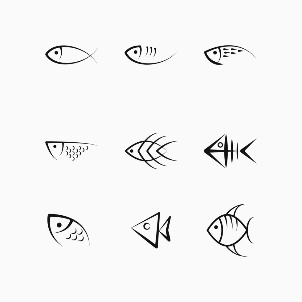 nueve iconos de peces con estilo de línea. sencillo y único. adecuado para logotipos, iconos, símbolos y signos. como un logo de comida o restaurante vector