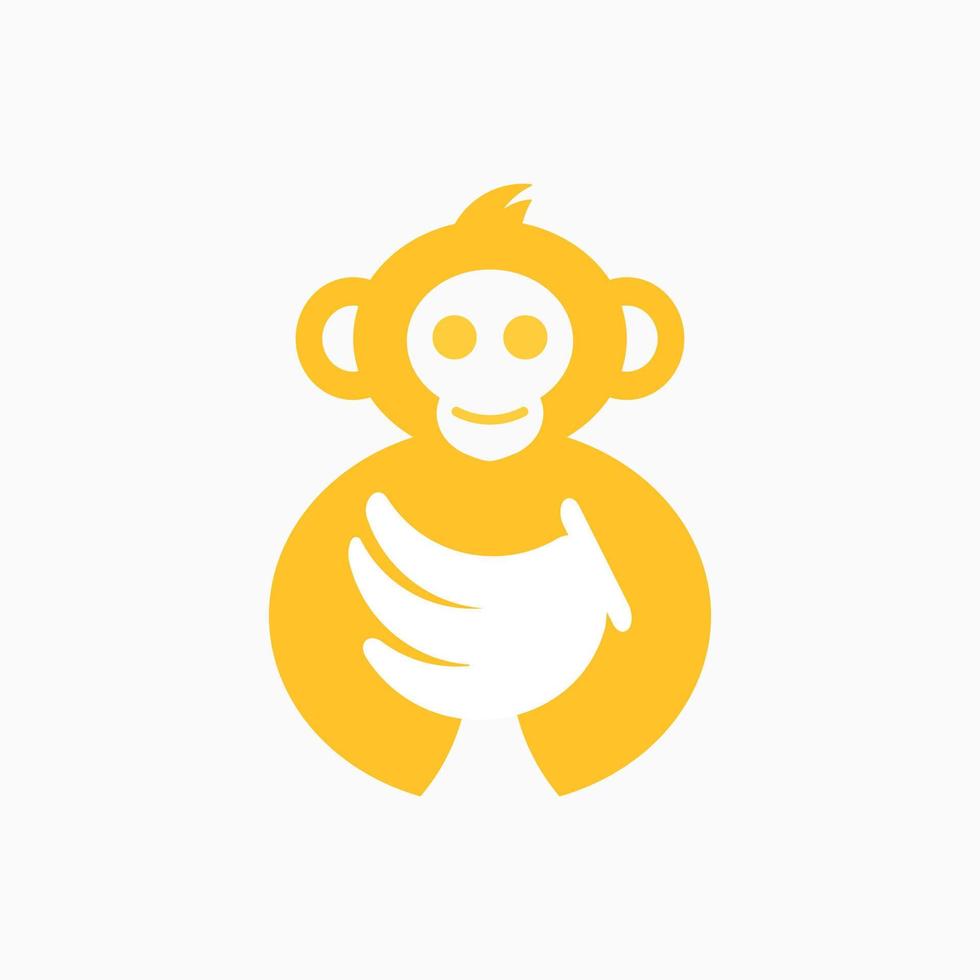 Monkey and Banana Logo Concept. Negative Space, Minimalist, Flat, Modern and Animal Logotype. Yellow and White. Suitable for Logo, Icon, Symbol, Sign, Mascot and Emblem. Such as Fruit or Food Logo vector