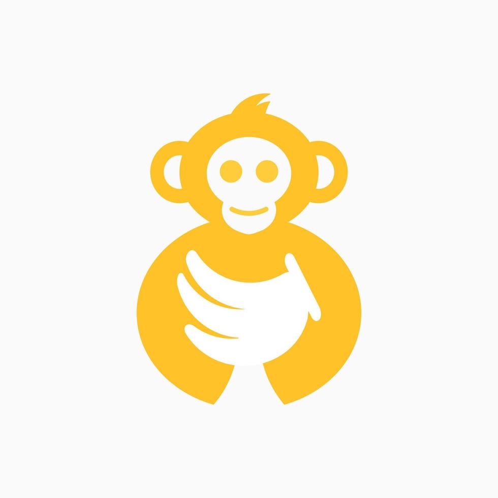 concepto de logo de mono y plátano. espacio negativo, logotipo minimalista, plano, moderno y animal. amarillo y blanco adecuado para logotipo, icono, símbolo, signo, mascota y emblema. como el logotipo de frutas o alimentos vector