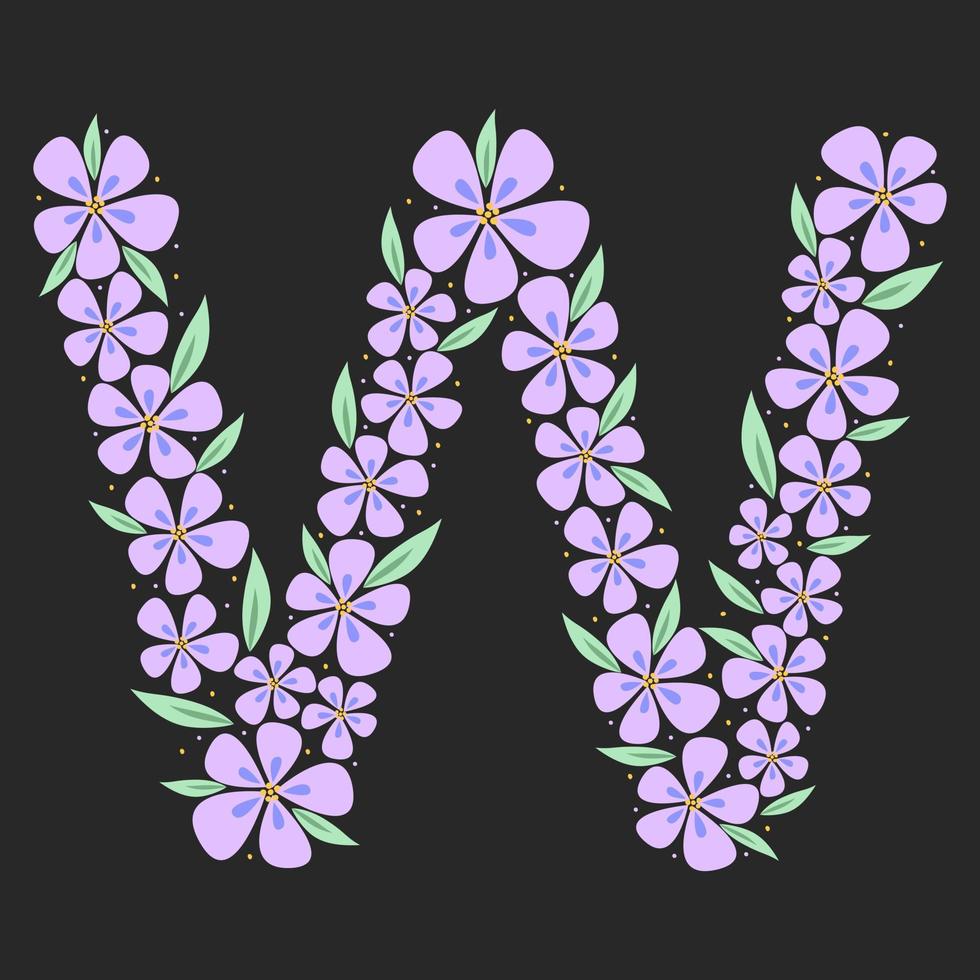 Floral botanical alphabet. Vintage hand drawn monogram letter W. Letter with plants and flowers. Vector lettering isolated on white